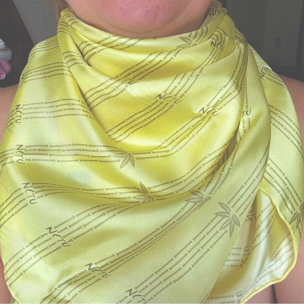100% silk scarf, soft yellow, bamboo pattern, elegant NTU design.